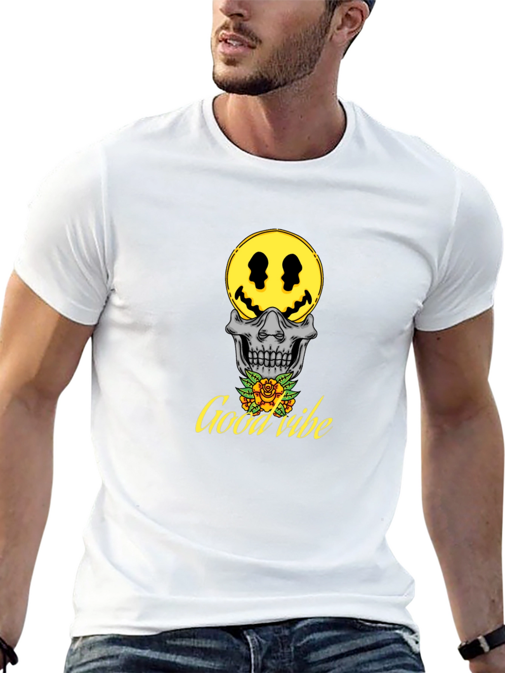 Good Vibe Skull Smiley Face T-Shirt - Black