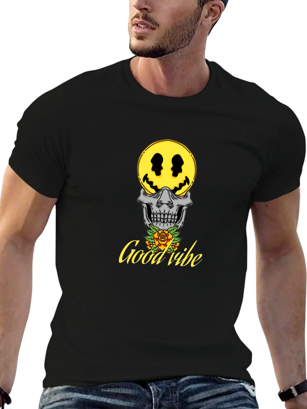 Good Vibe Skull Smiley Face T-Shirt - Black
