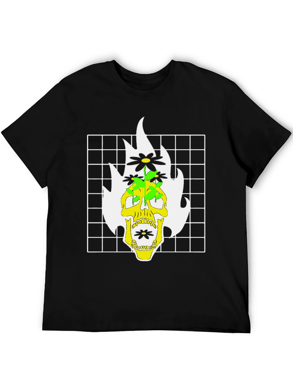 Skull & Flowers Graphic Print T-Shirt - Black