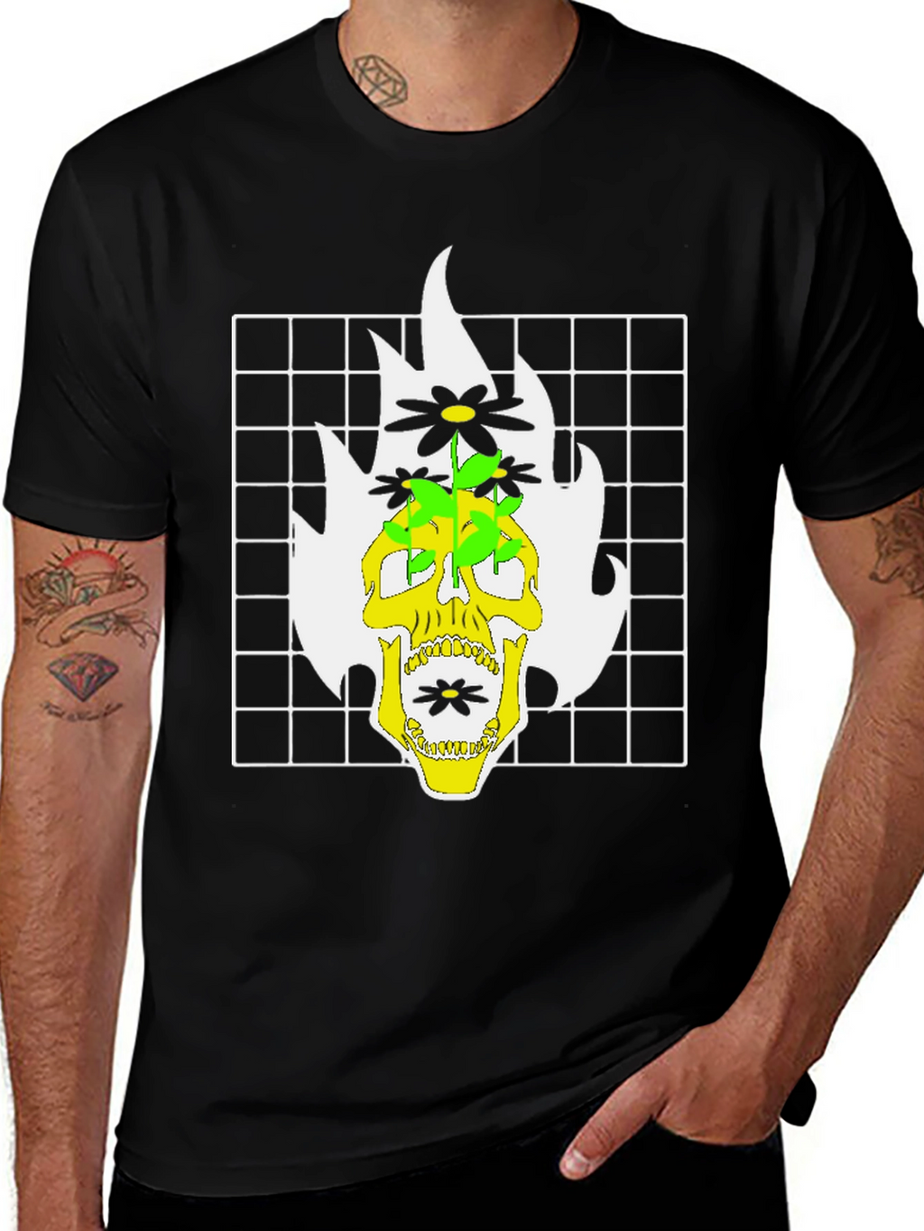 Skull & Flowers Graphic Print T-Shirt - Black