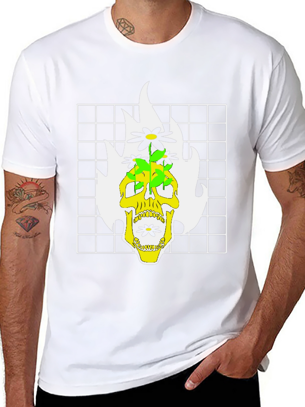Skull & Flowers Graphic Print T-Shirt - Black