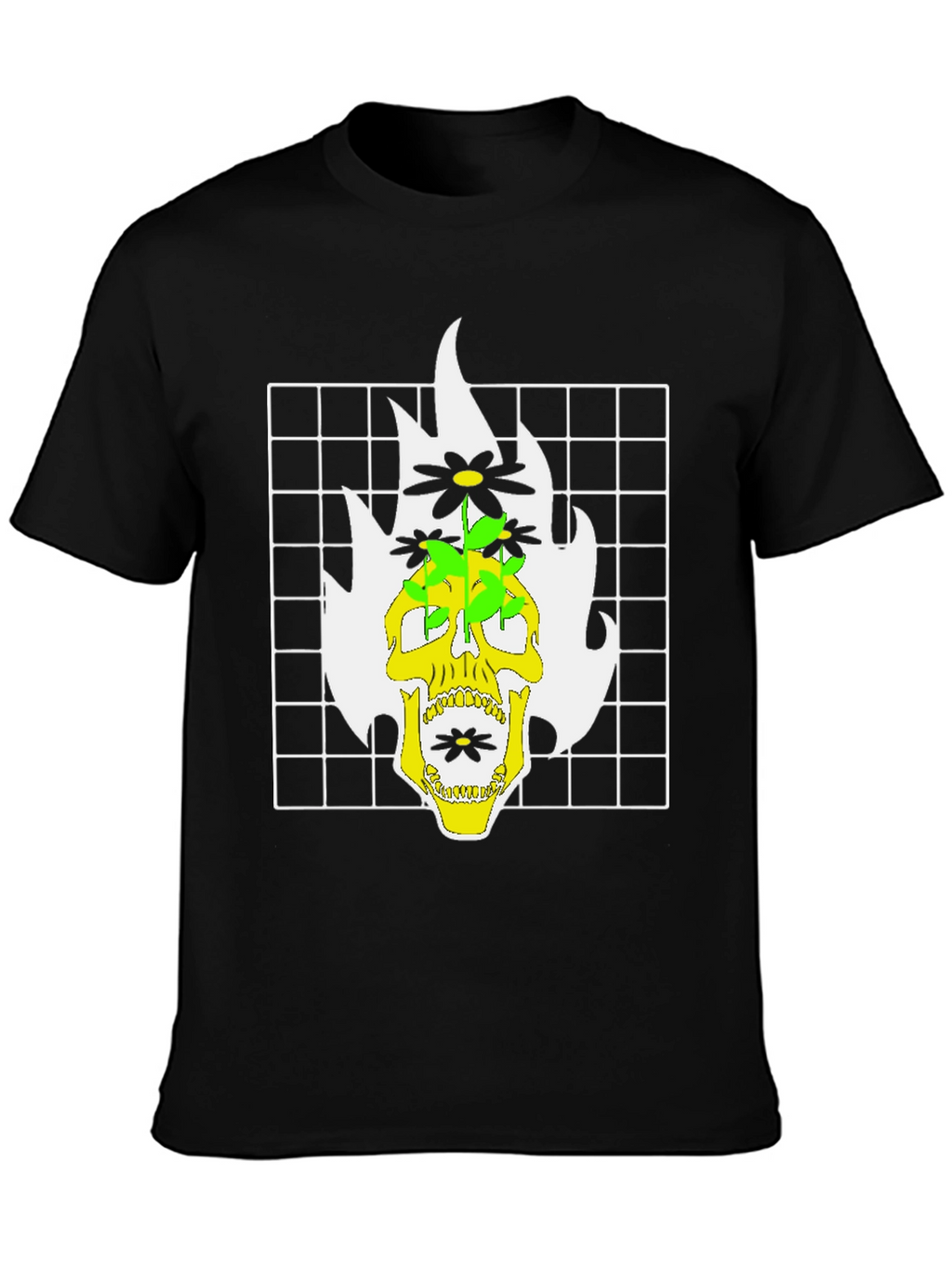 Skull & Flowers Graphic Print T-Shirt - Black