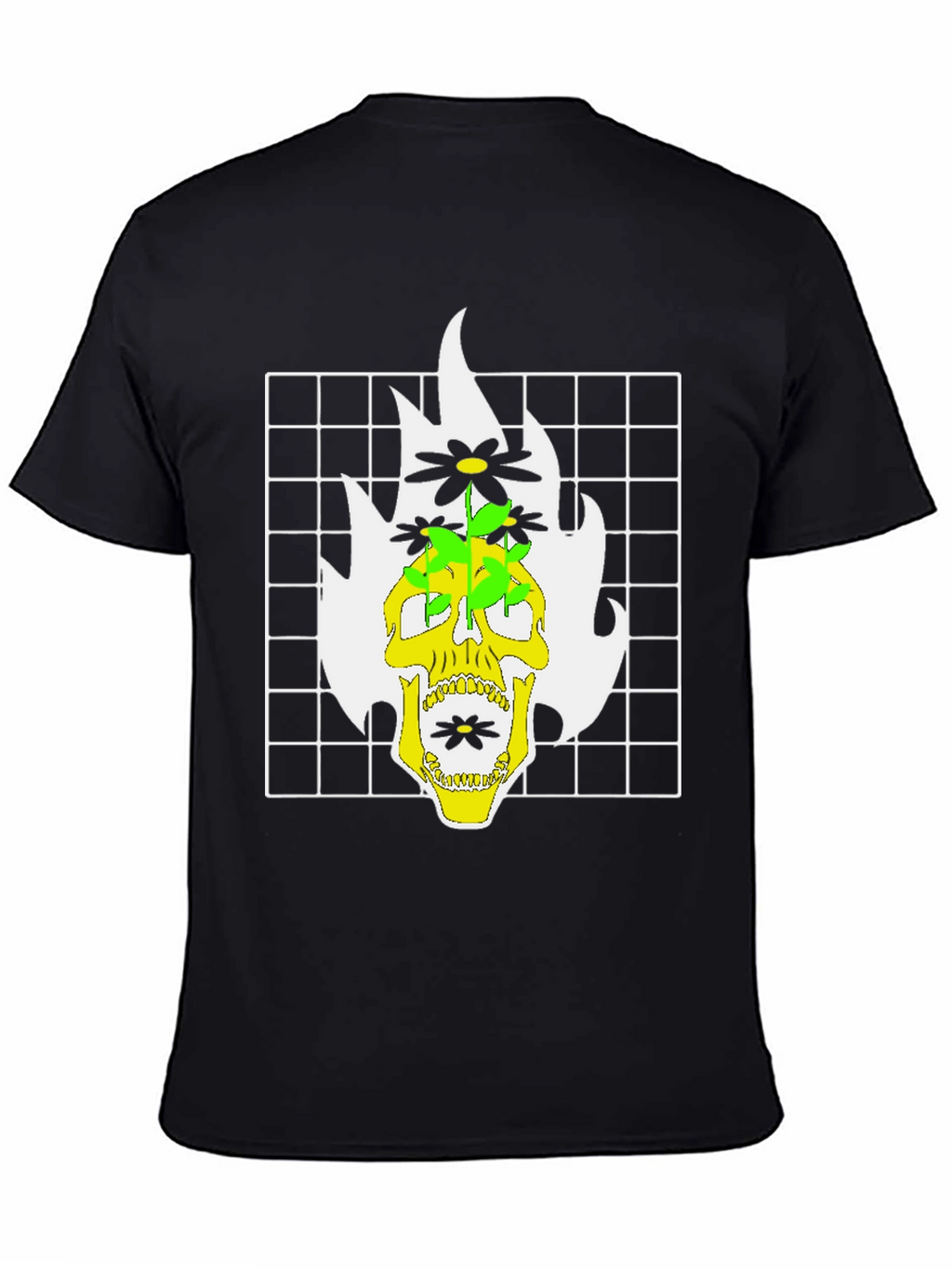 Skull & Flowers Graphic Print T-Shirt - Black