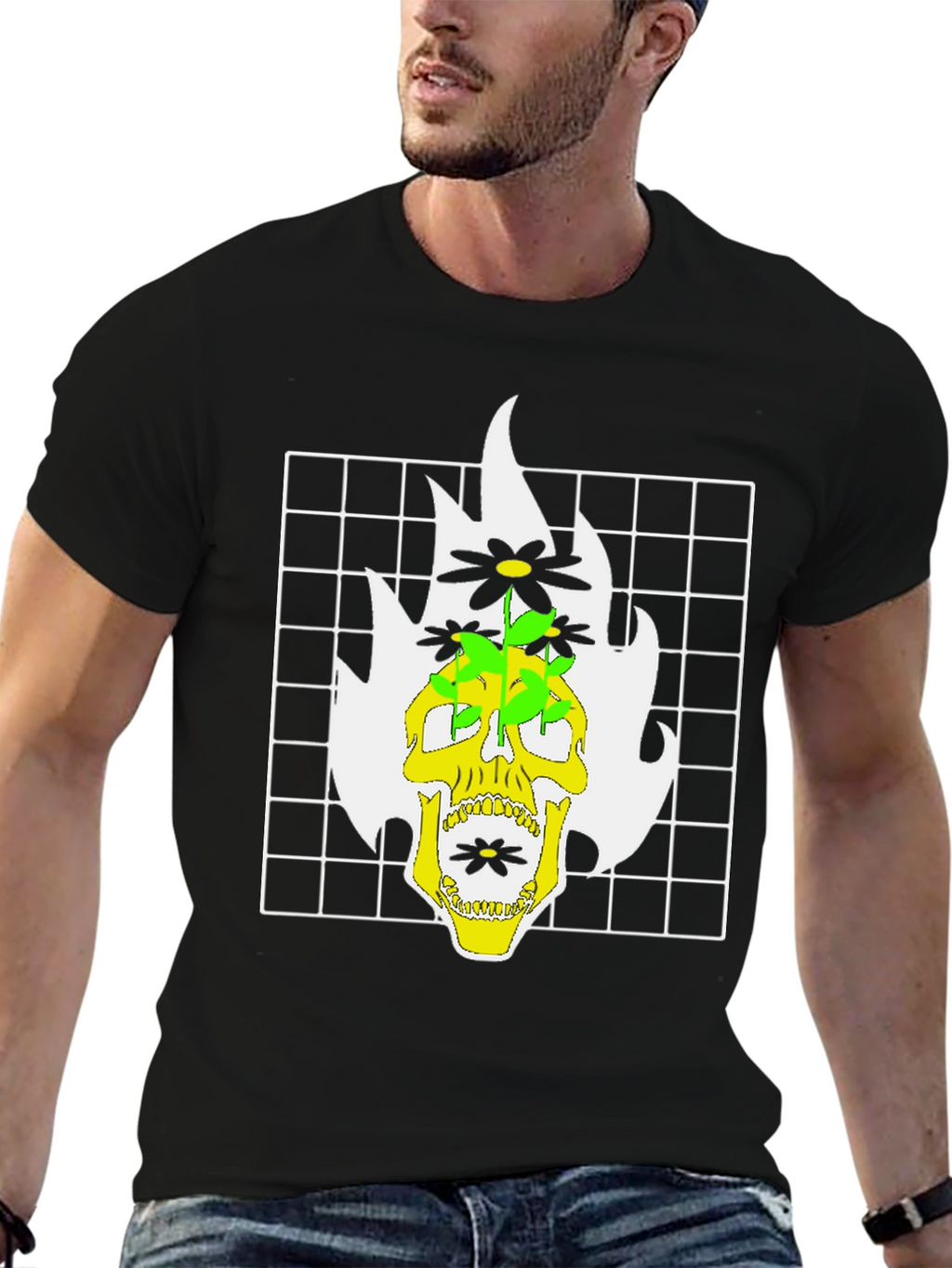 Skull & Flowers Graphic Print T-Shirt - Black