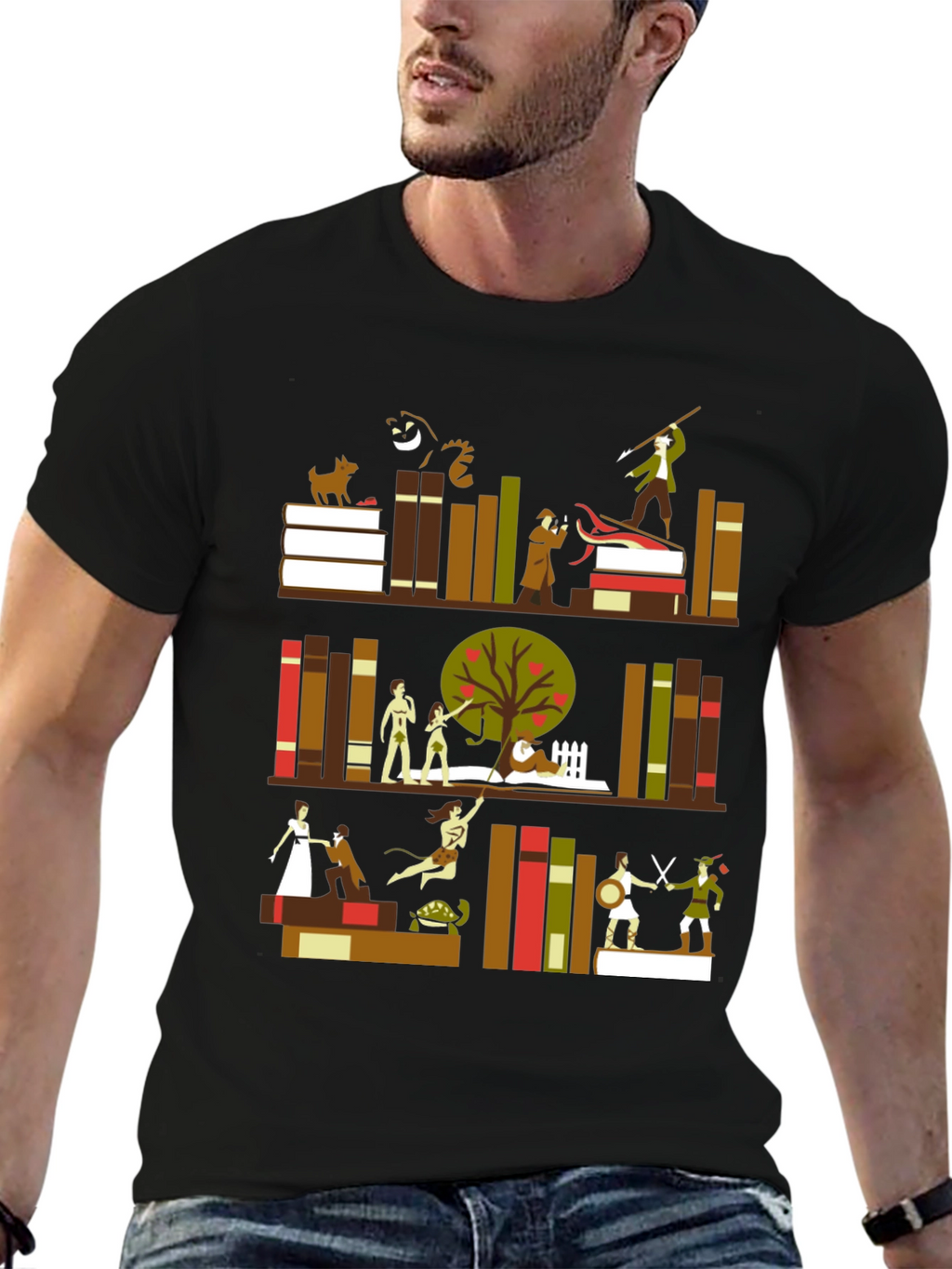 Literary Bookshelf Graphic Tee - Black