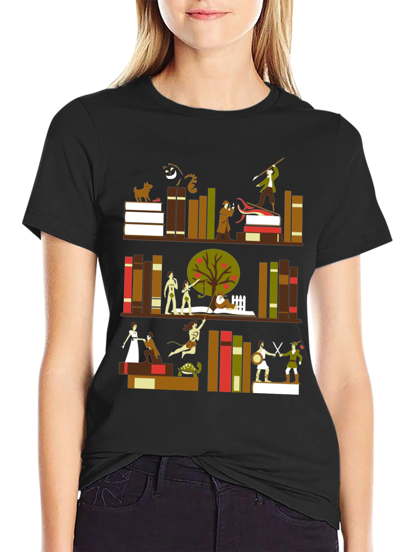 Literary Bookshelf Graphic Tee - Black