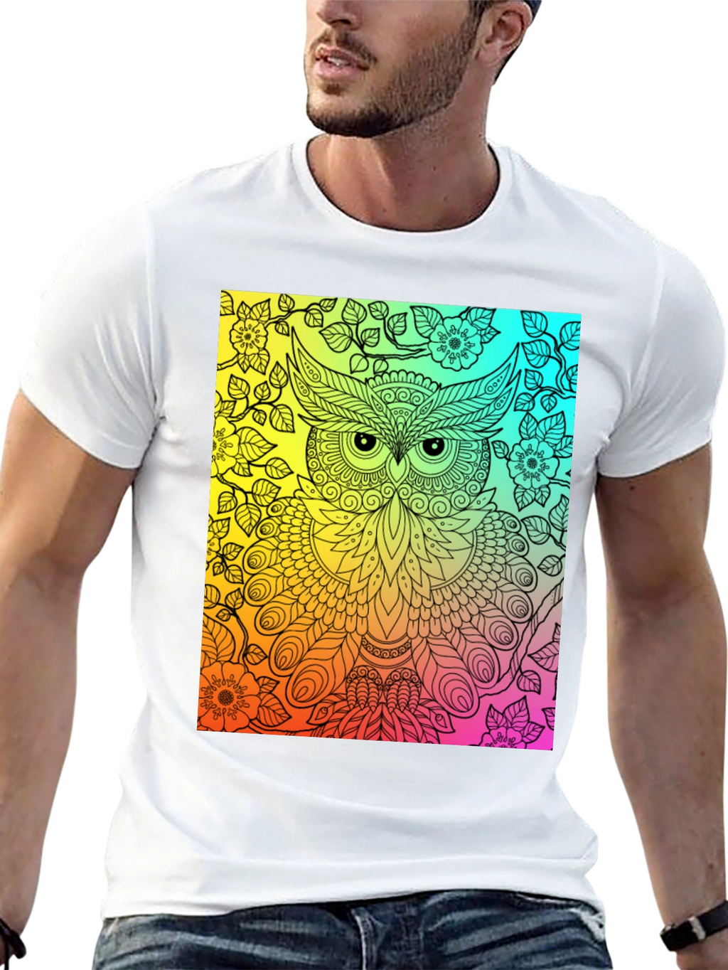 Rainbow Owl Graphic Tee - Mens Black T-Shirt
