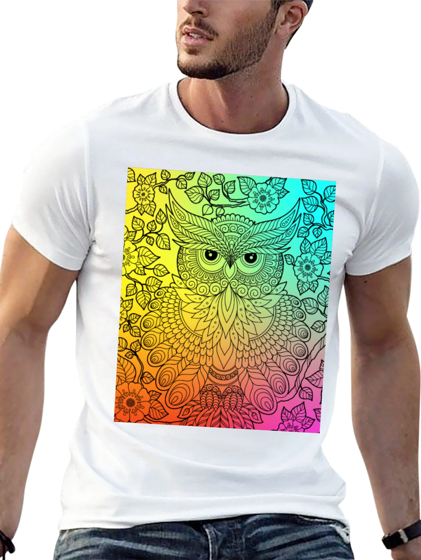 Rainbow Owl Graphic Tee - Mens Black T-Shirt
