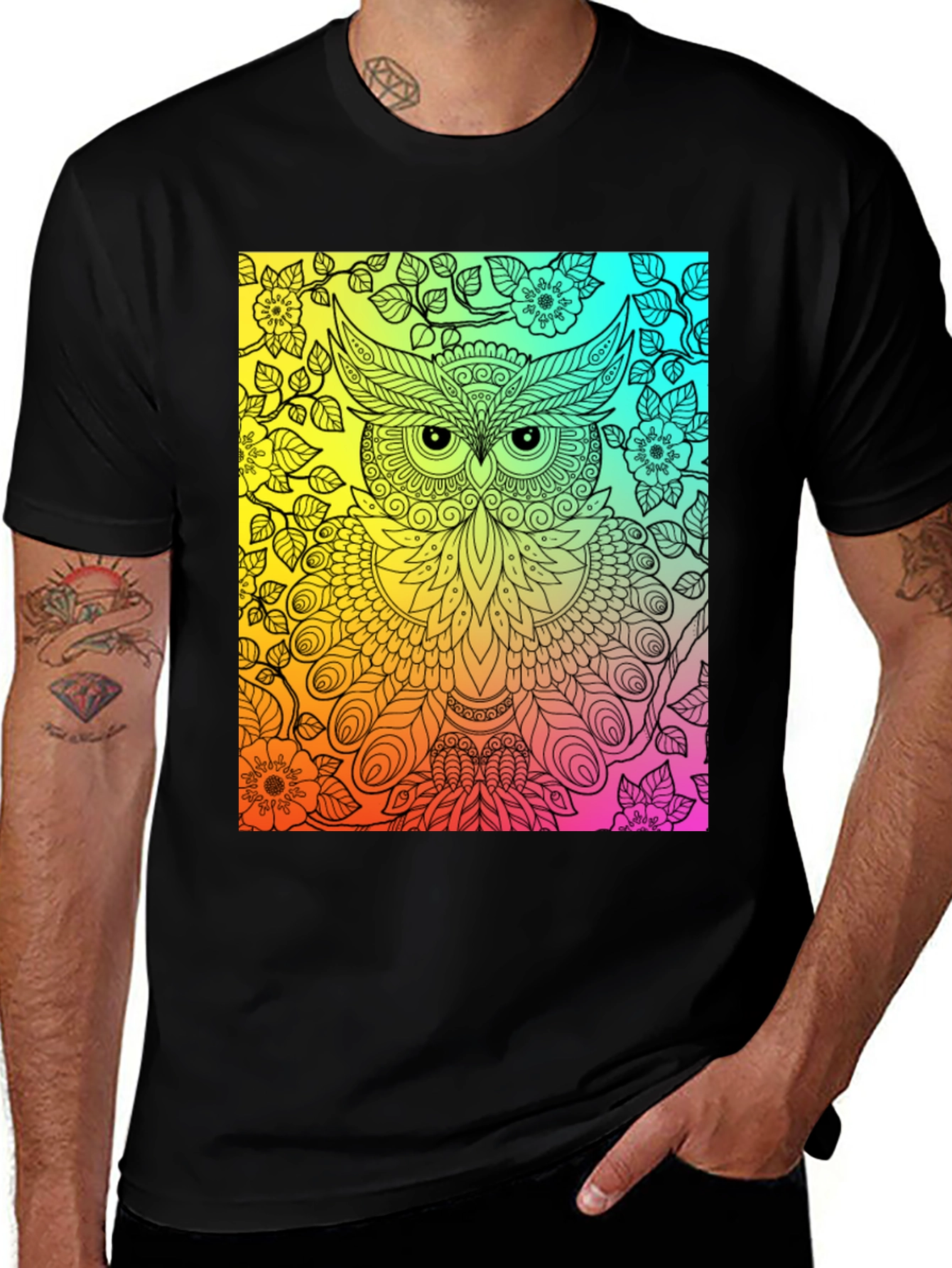 Rainbow Owl Graphic Tee - Mens Black T-Shirt