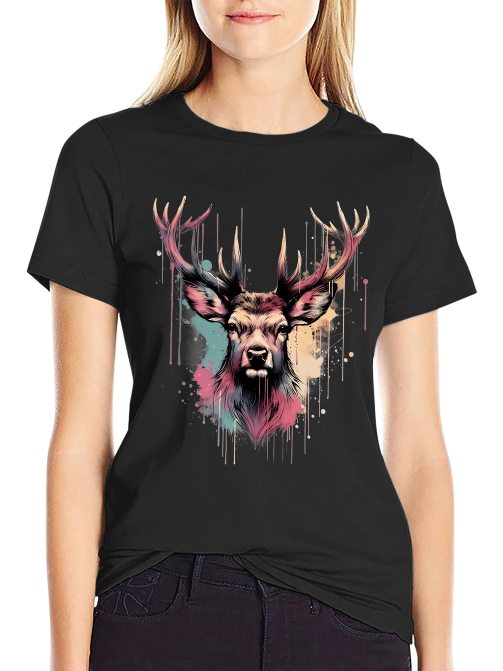 Deer Head Graphic Print Black T-Shirt