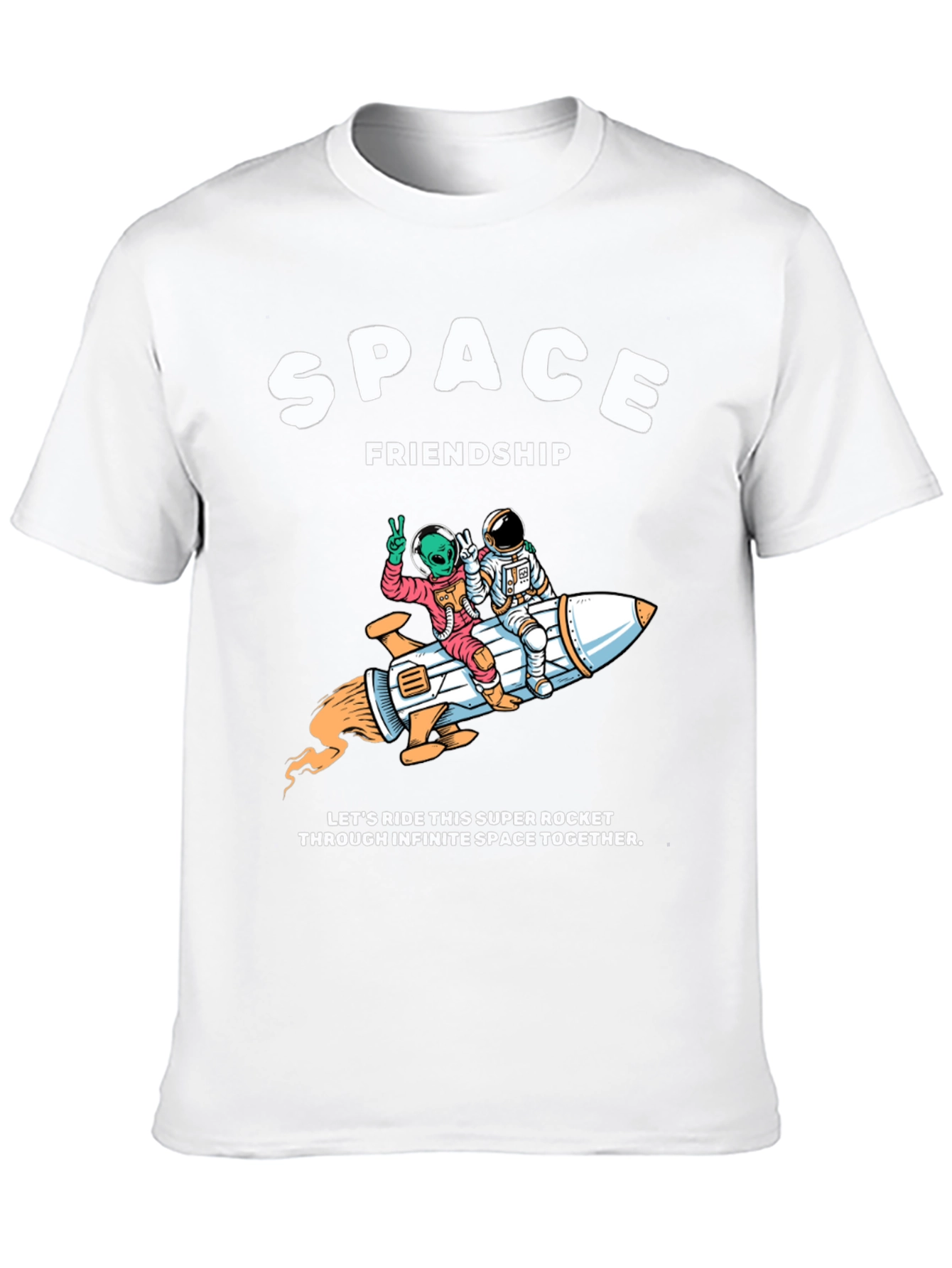Space Friendship Tee: Alien & Astronaut Rocket Ride T-Shirt
