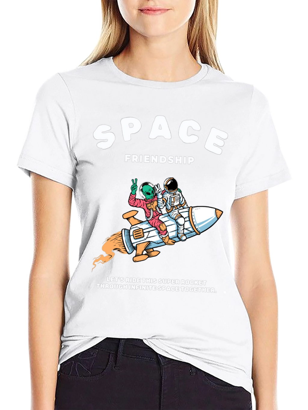 Space Friendship Tee: Alien & Astronaut Rocket Ride T-Shirt