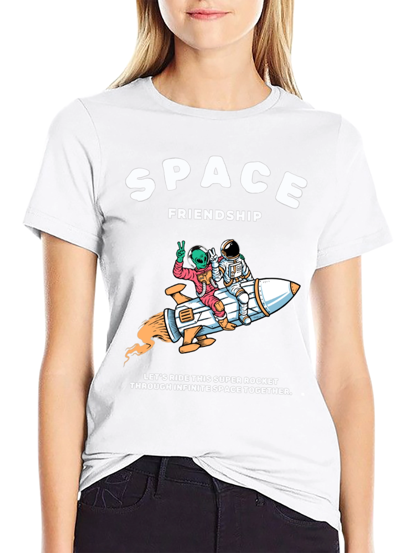 Space Friendship Tee: Alien & Astronaut Rocket Ride T-Shirt