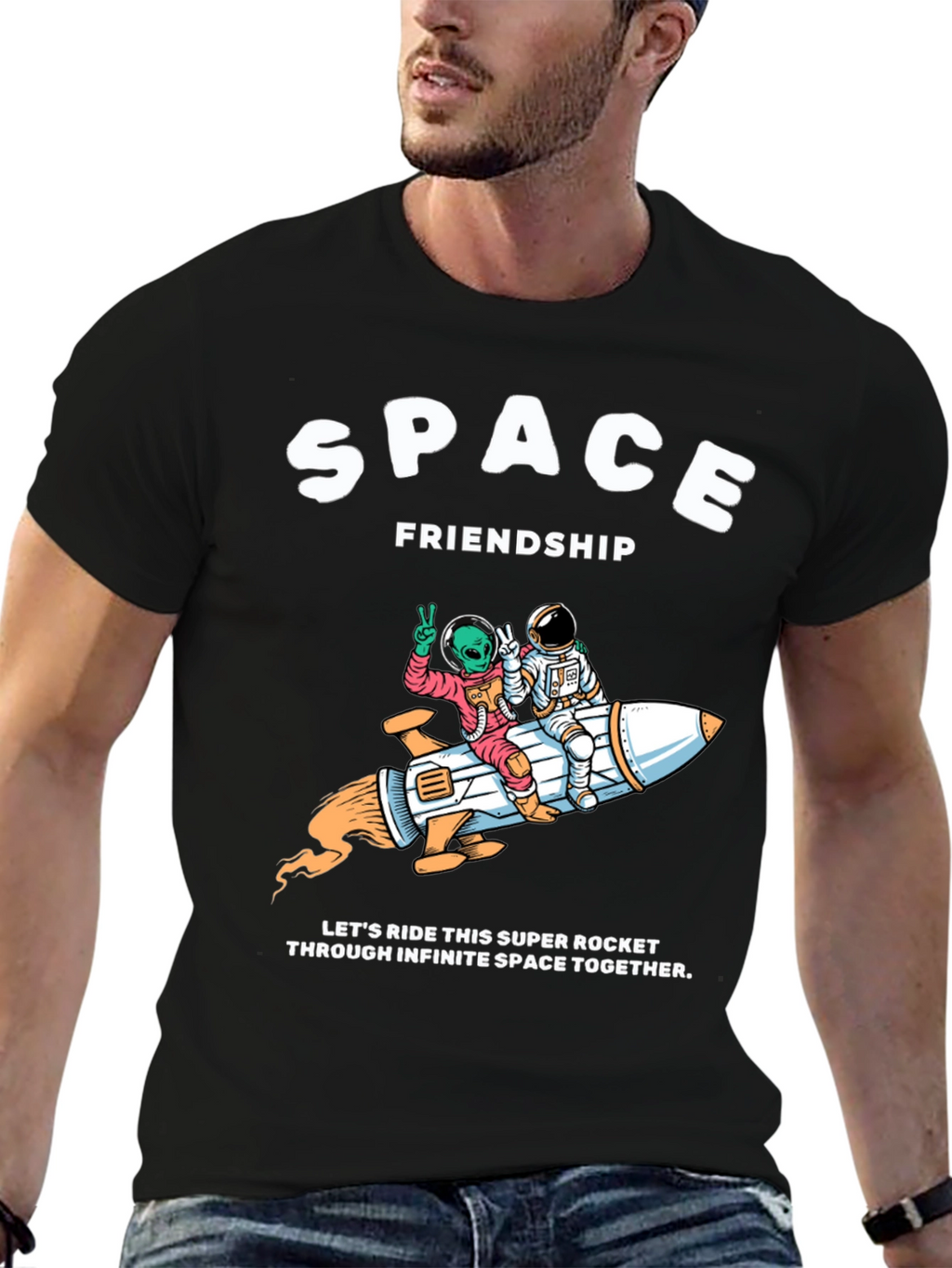 Space Friendship Tee: Alien & Astronaut Rocket Ride T-Shirt