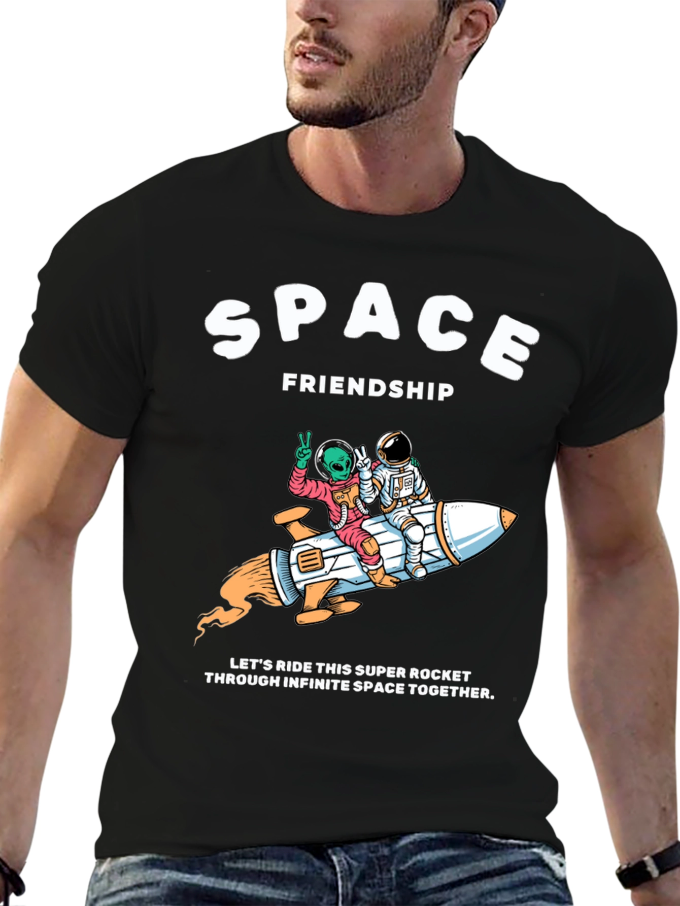 Space Friendship Tee: Alien & Astronaut Rocket Ride T-Shirt
