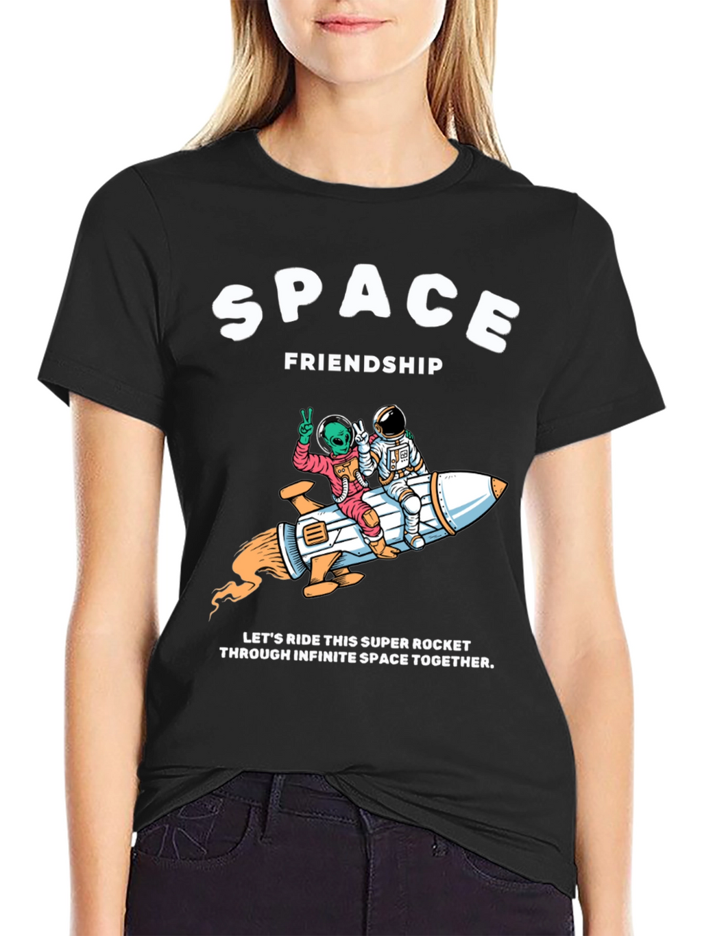 Space Friendship Tee: Alien & Astronaut Rocket Ride T-Shirt