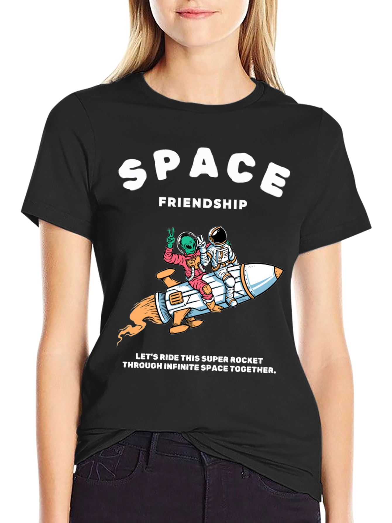 Space Friendship Tee: Alien & Astronaut Rocket Ride T-Shirt