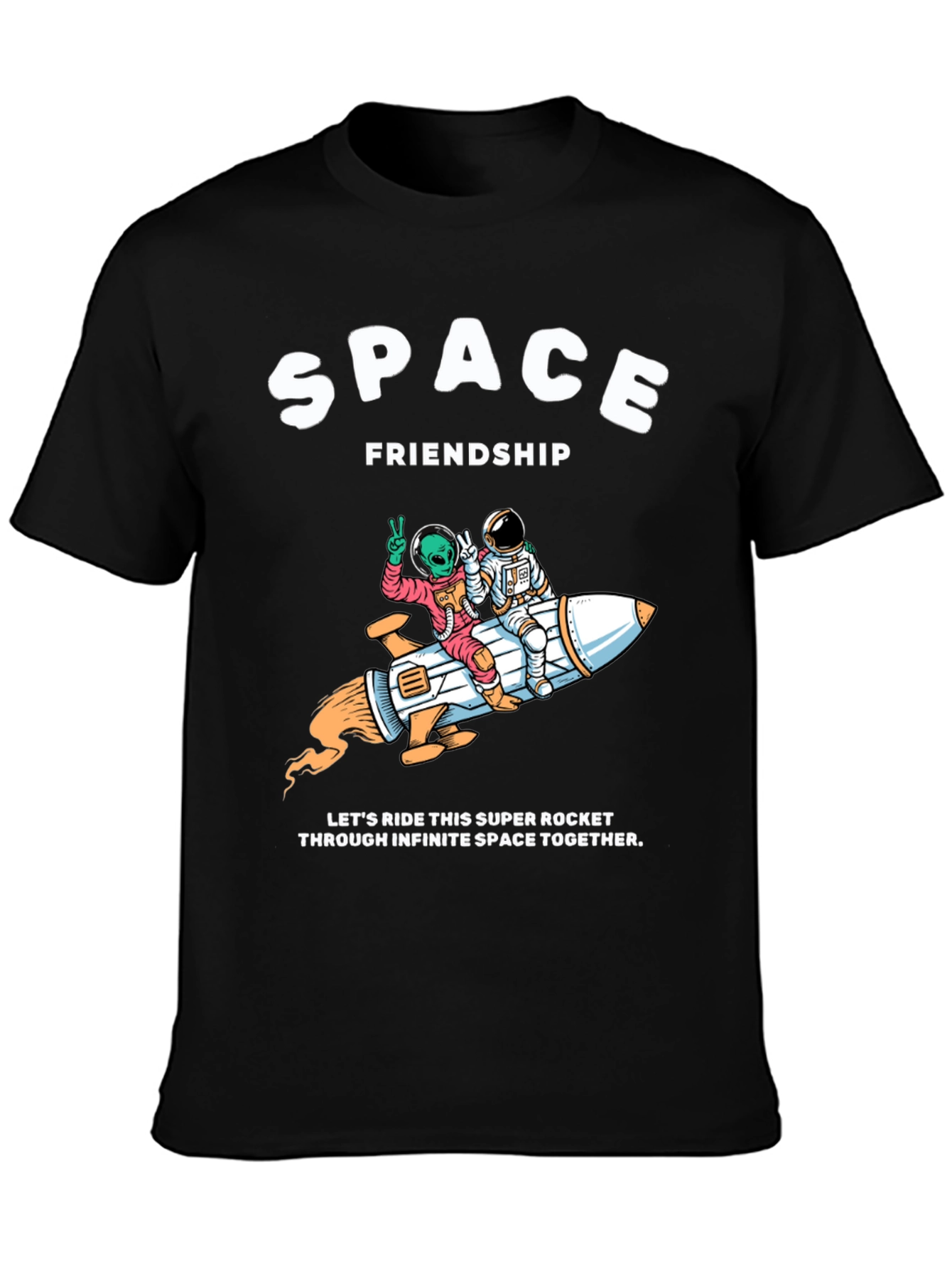 Space Friendship Tee: Alien & Astronaut Rocket Ride T-Shirt