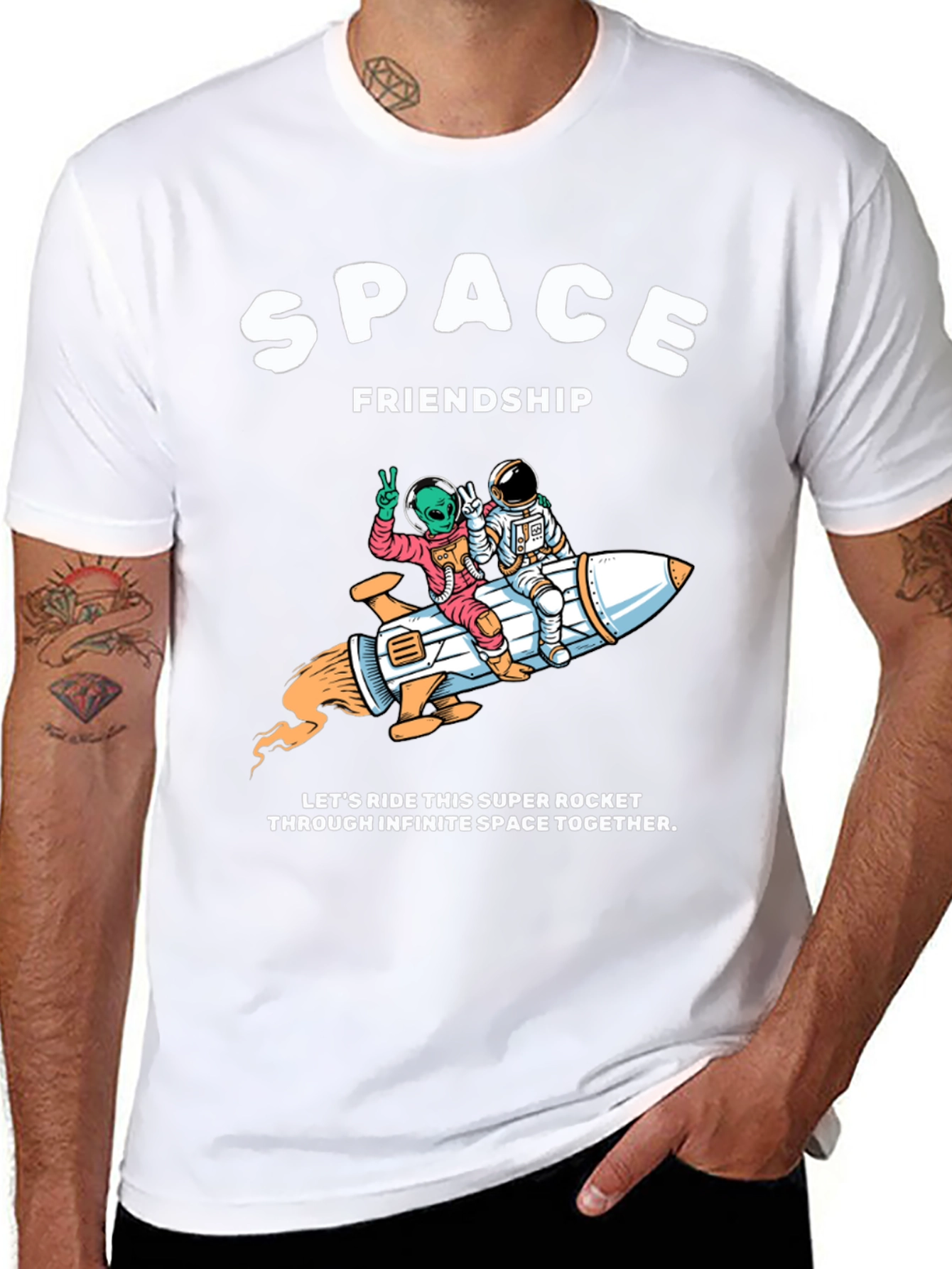 Space Friendship Tee: Alien & Astronaut Rocket Ride T-Shirt