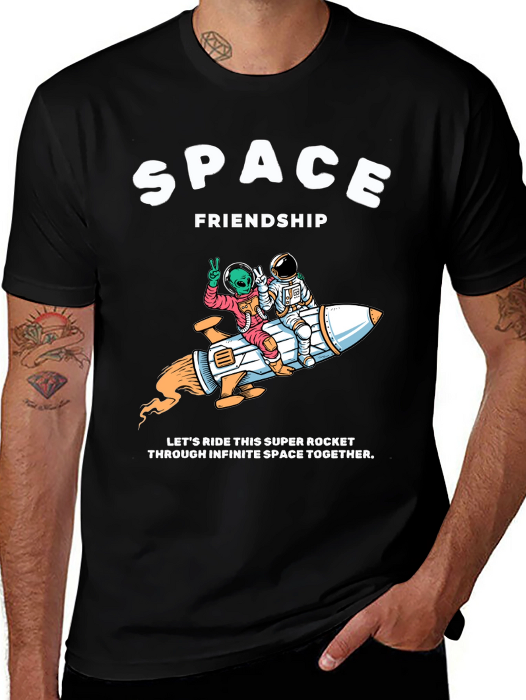 Space Friendship Tee: Alien & Astronaut Rocket Ride T-Shirt