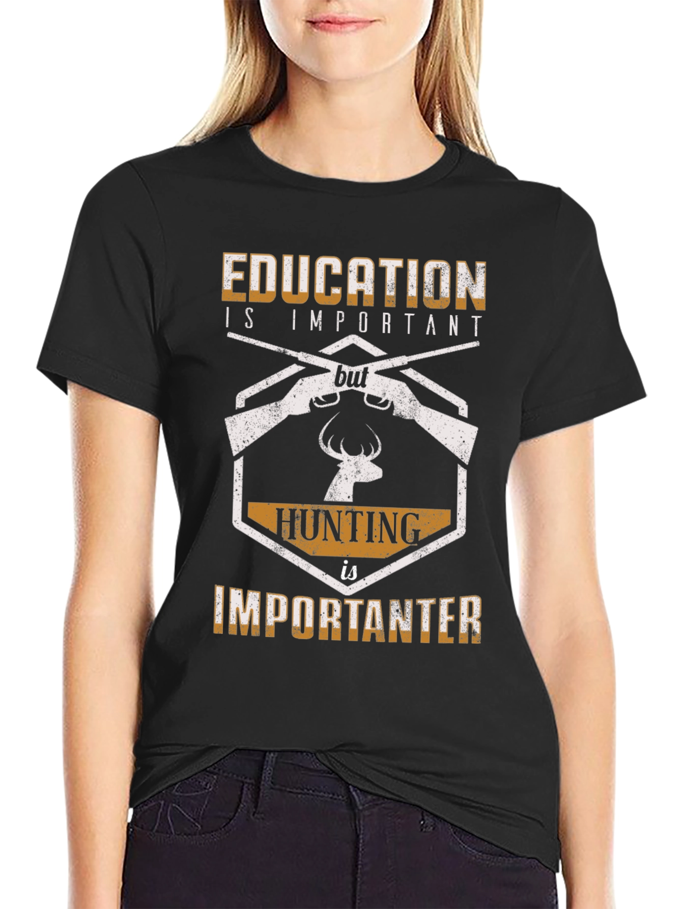 Education vs Hunting Funny Graphic T-Shirt