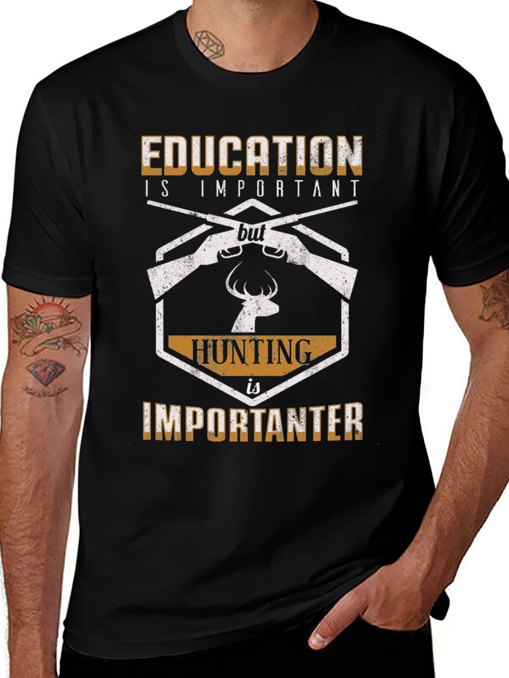 Education vs Hunting Funny Graphic T-Shirt