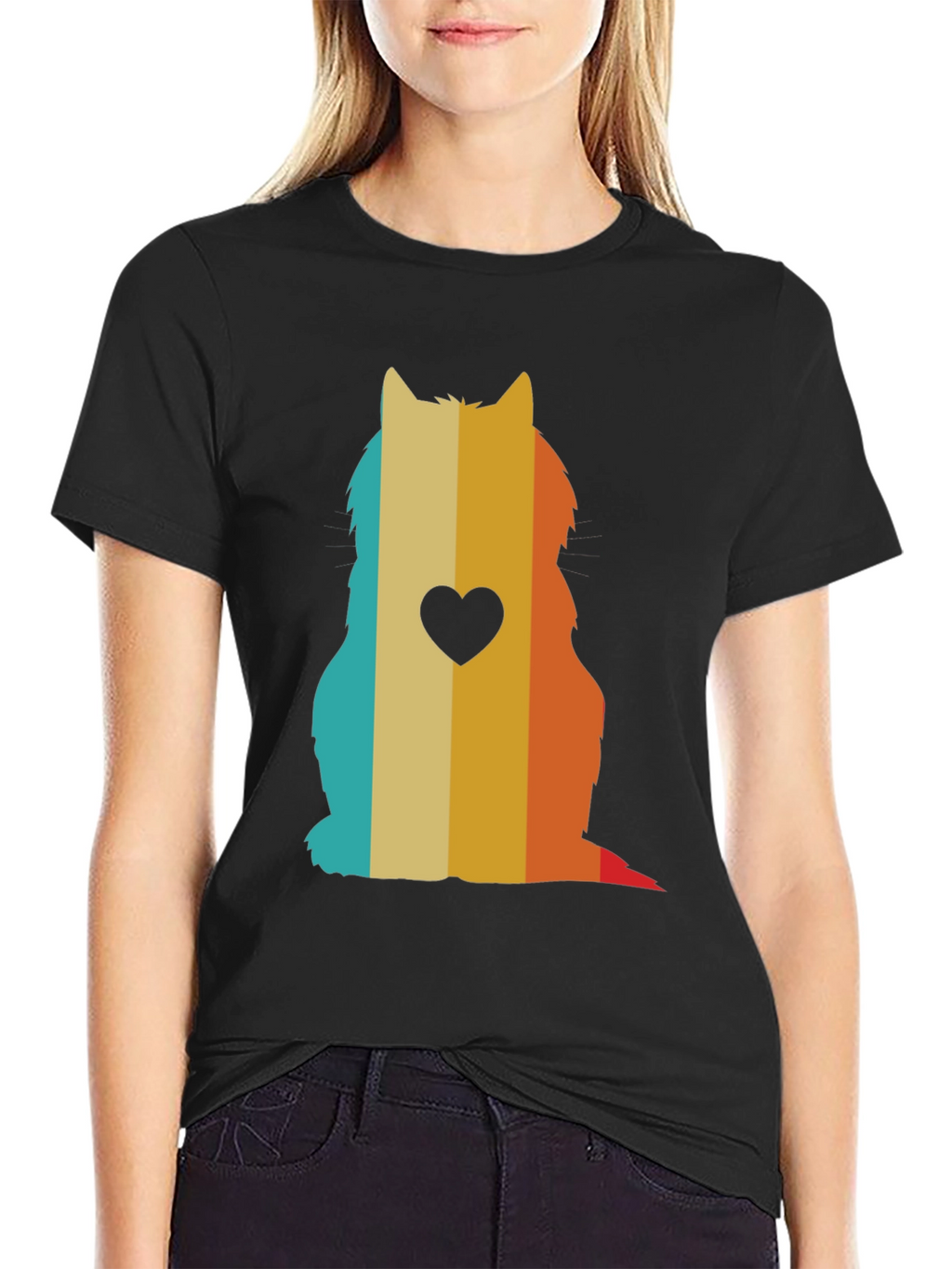 Retro Cat Silhouette T-Shirt - Heart Accent