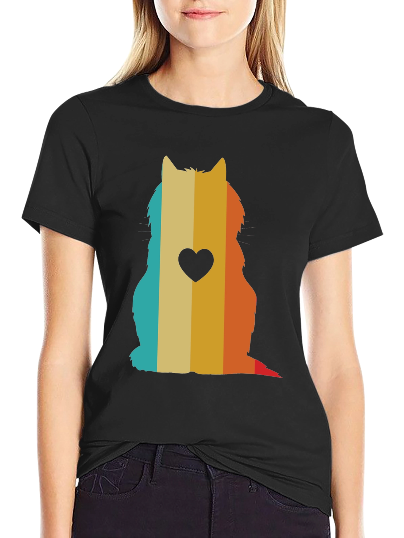 Retro Cat Silhouette T-Shirt - Heart Accent
