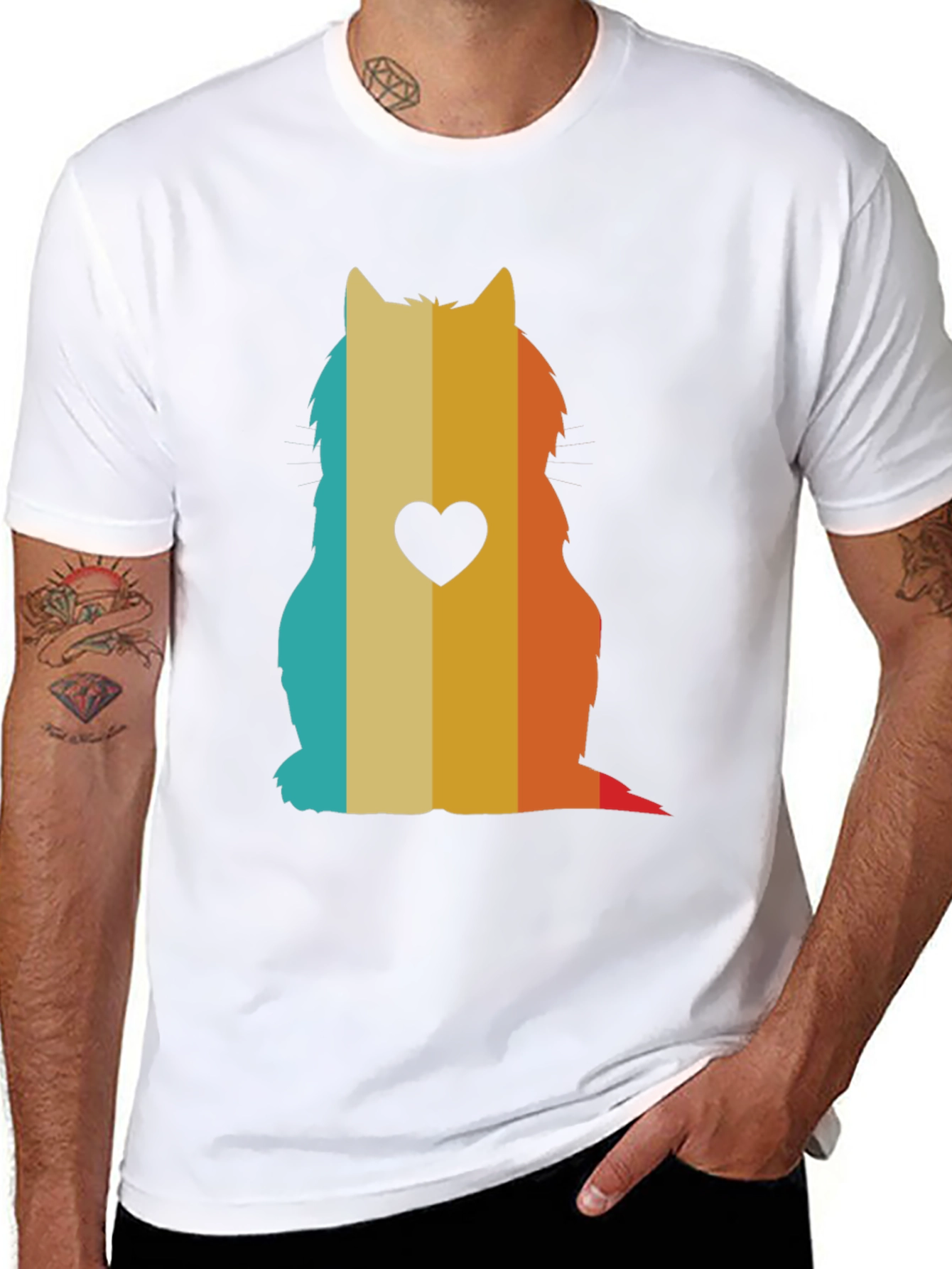 Retro Cat Silhouette T-Shirt - Heart Accent