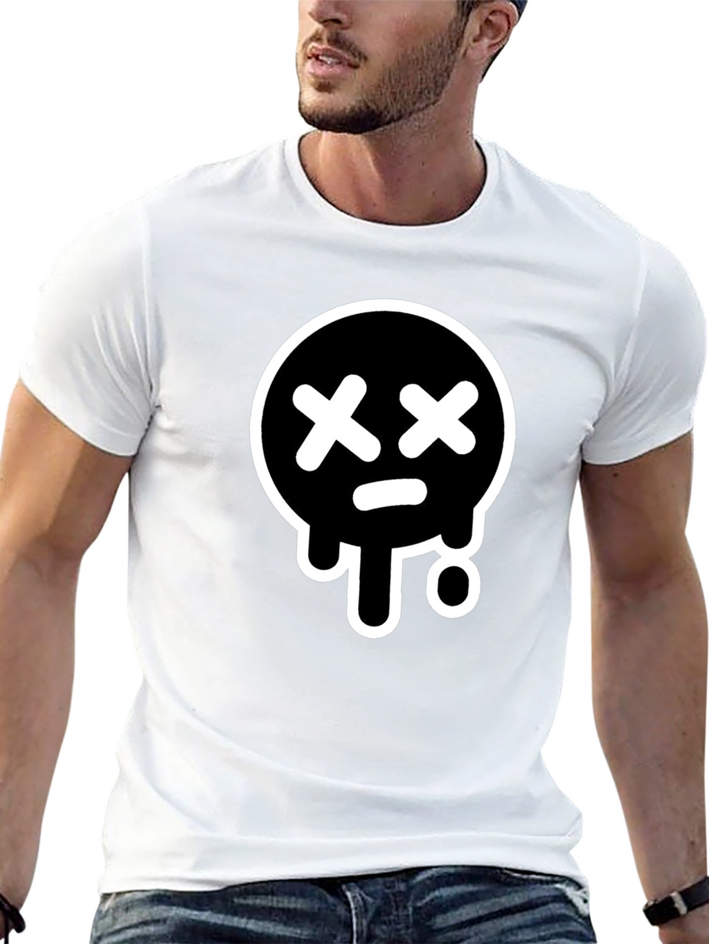 Black T-Shirt with White Drip Sad Face Design