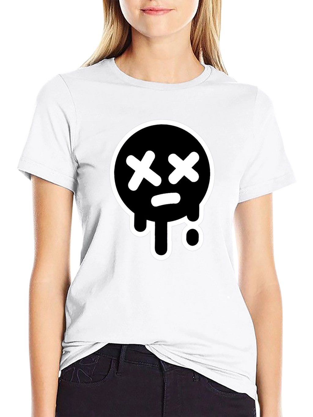 Black T-Shirt with White Drip Sad Face Design