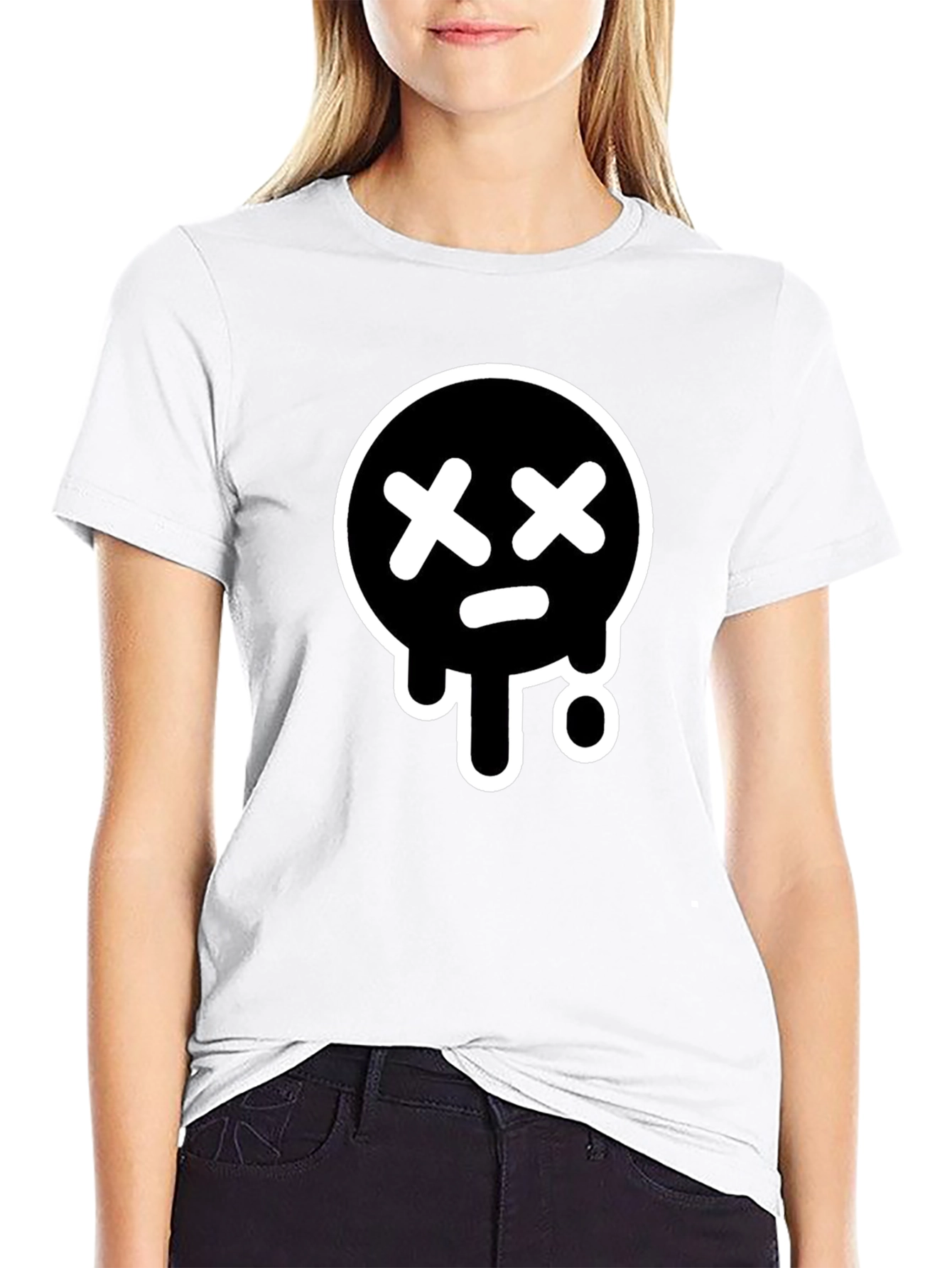 Black T-Shirt with White Drip Sad Face Design