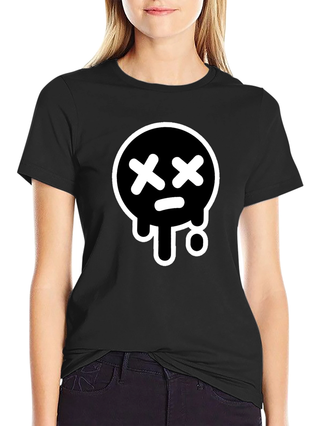 Black T-Shirt with White Drip Sad Face Design