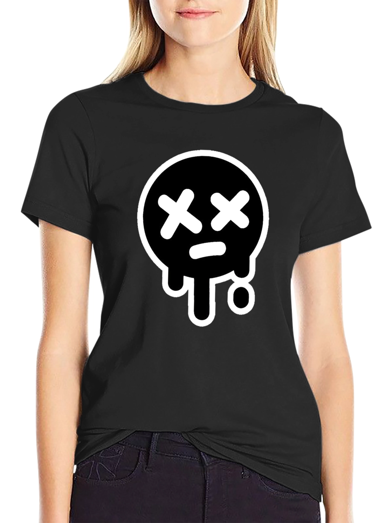 Black T-Shirt with White Drip Sad Face Design