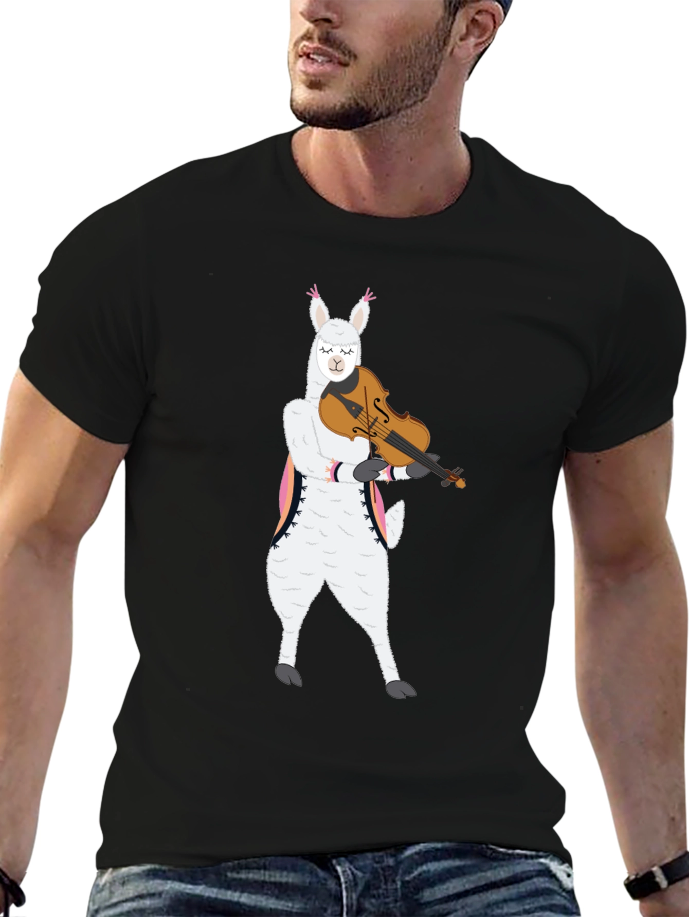 Llama Violinist Graphic Tee - Playful Black T-Shirt