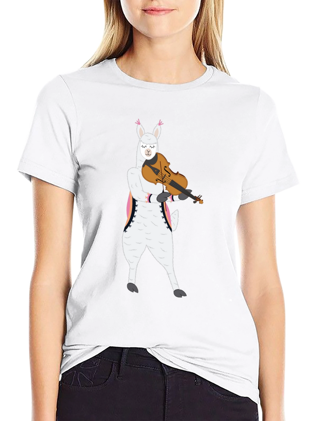 Llama Violinist Graphic Tee - Playful Black T-Shirt