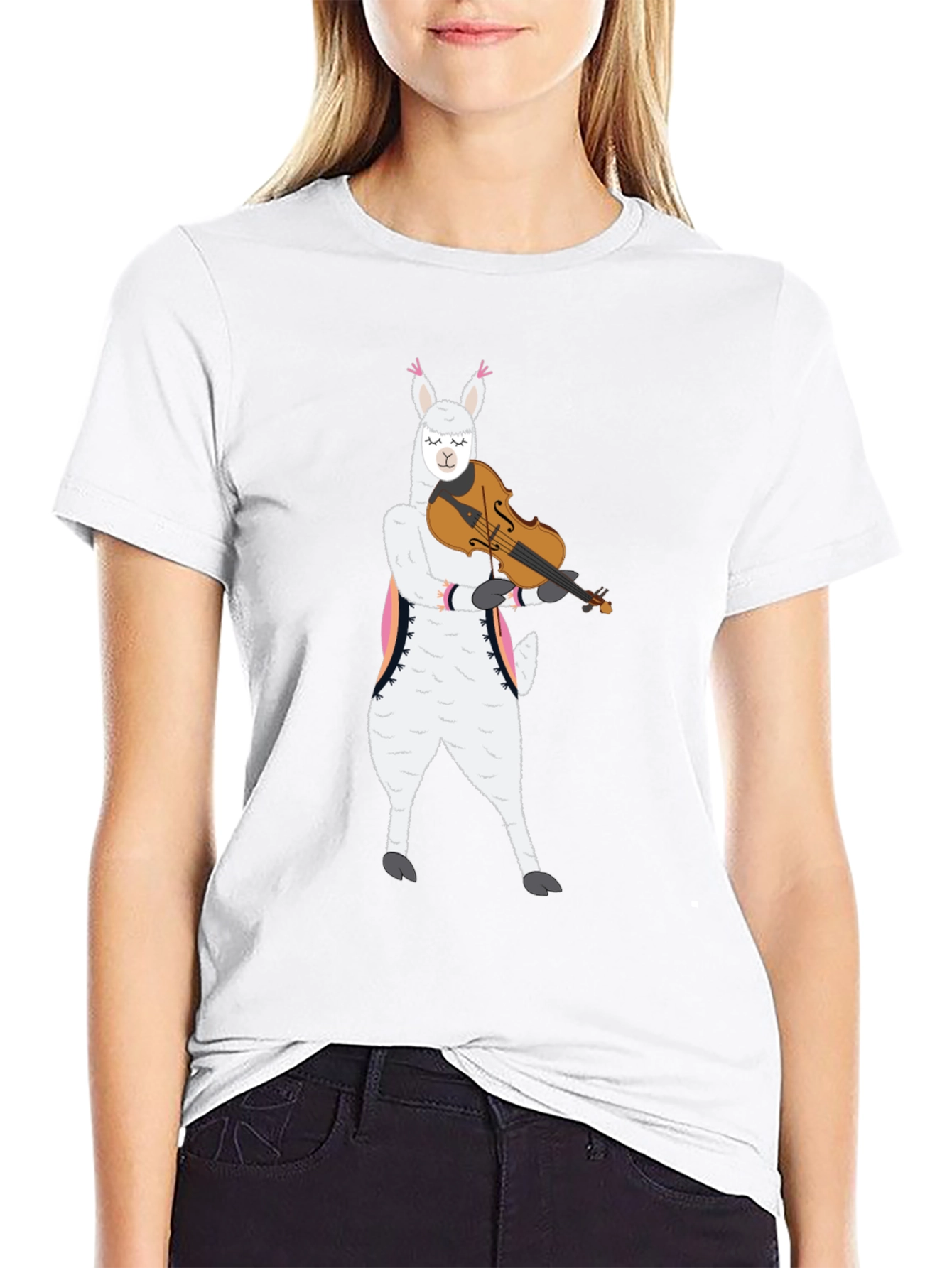 Llama Violinist Graphic Tee - Playful Black T-Shirt
