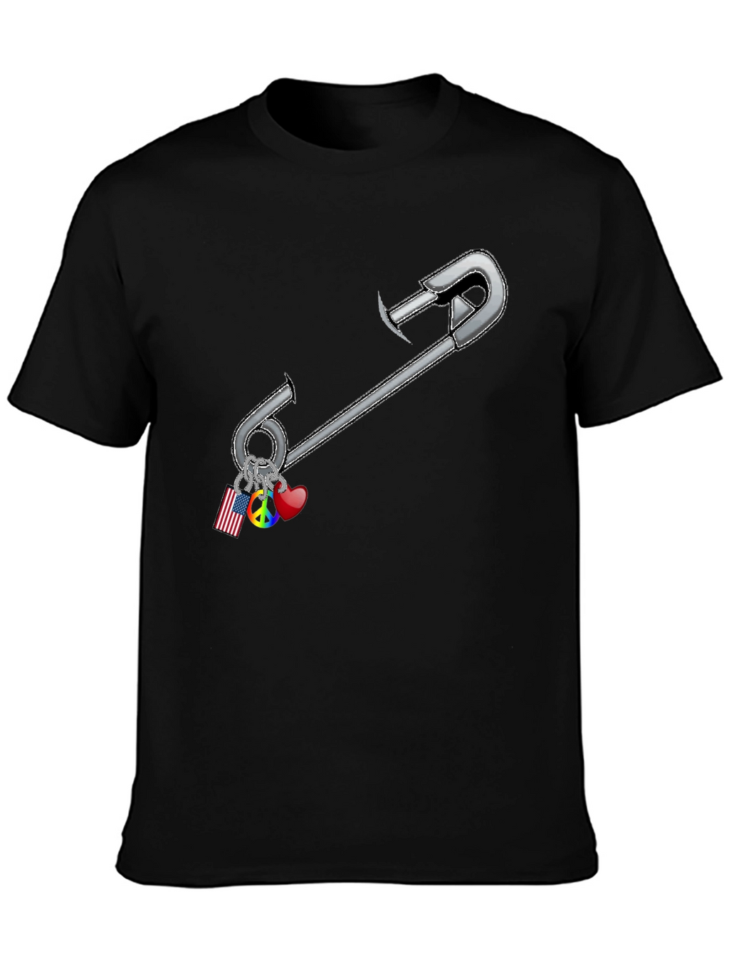 Safety Pin Charm Graphic Tee - Black Cotton Blend