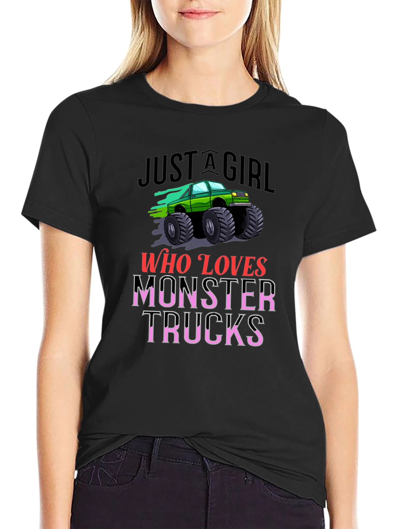 Monster Truck Loving Girl Black Graphic T-Shirt