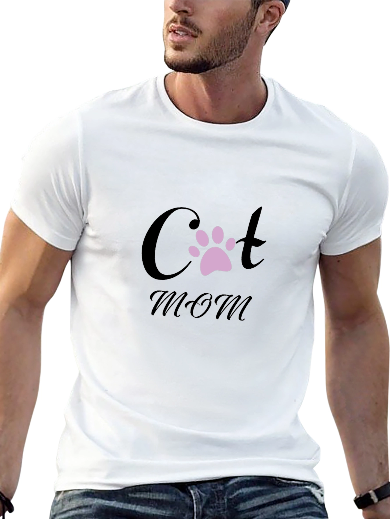 Cat Mom T-Shirt - Black Crew Neck Paw Print