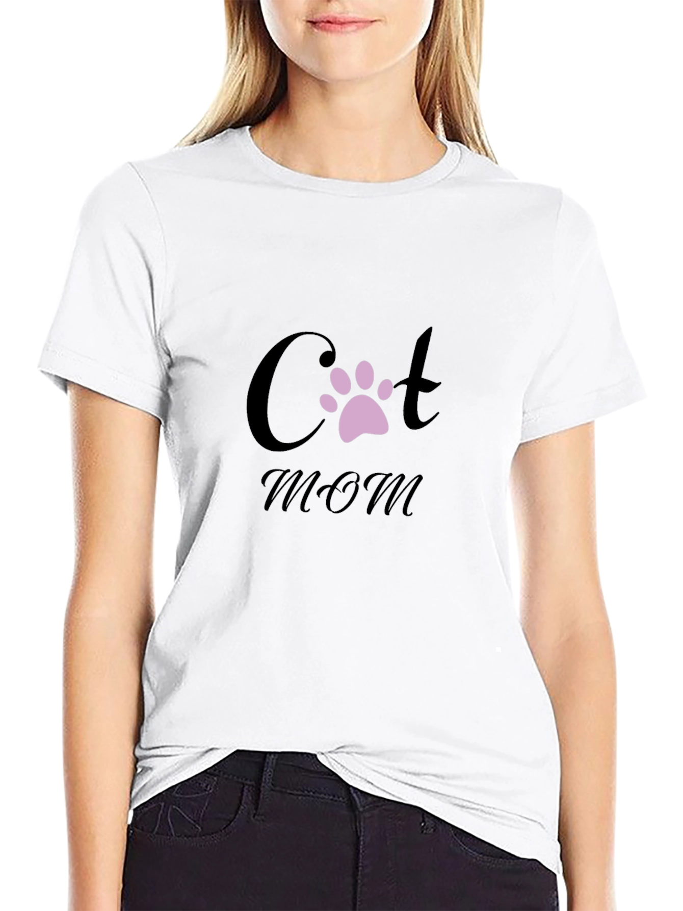 Cat Mom T-Shirt - Black Crew Neck Paw Print