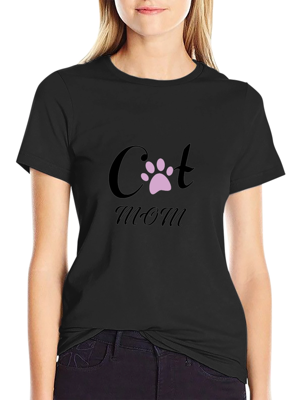 Cat Mom T-Shirt - Black Crew Neck Paw Print