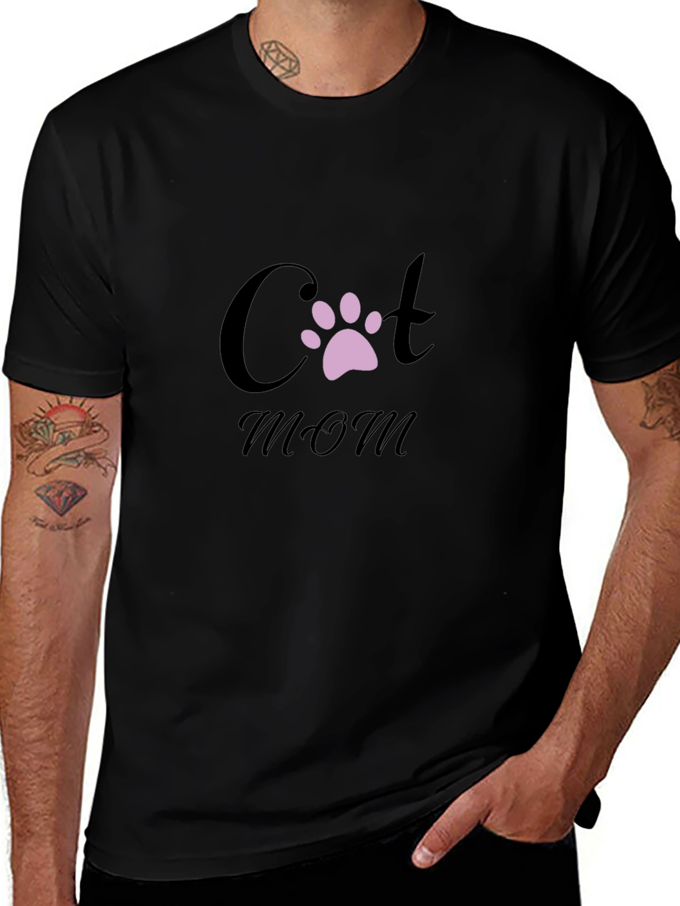 Cat Mom T-Shirt - Black Crew Neck Paw Print