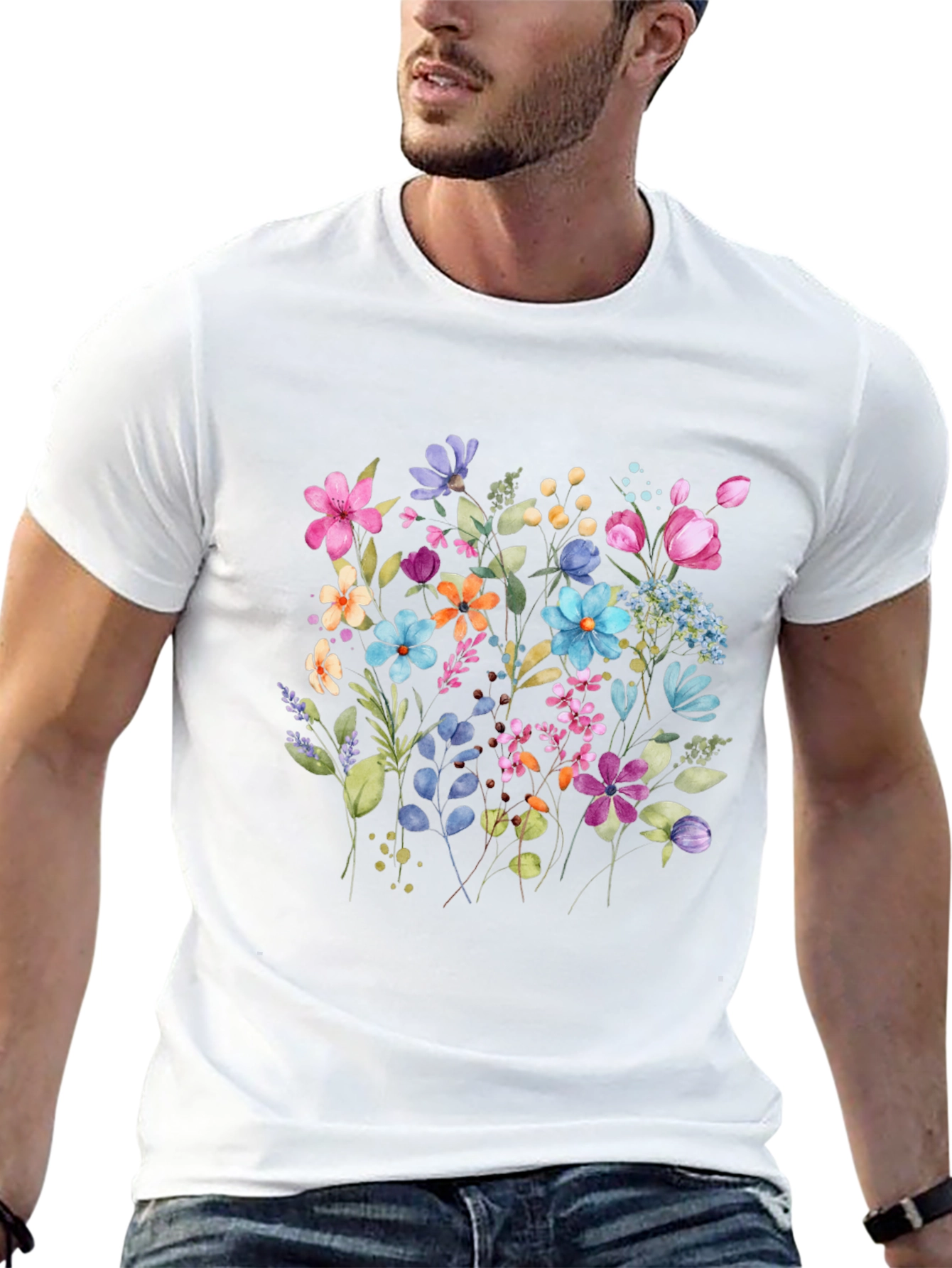 Floral Print Mens Black Tee