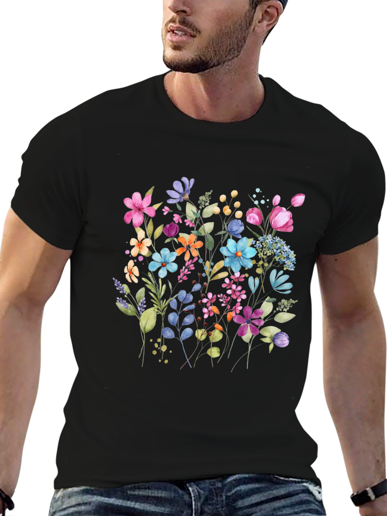 Floral Print Mens Black Tee