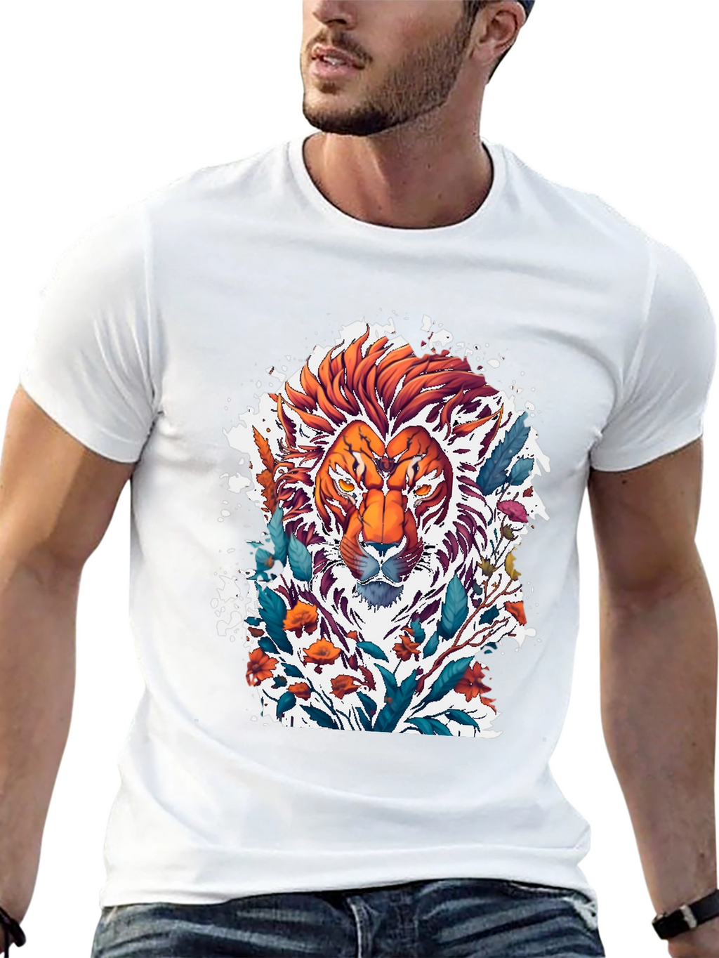 Lion Floral Graphic Tee - Artistic Mens T-Shirt