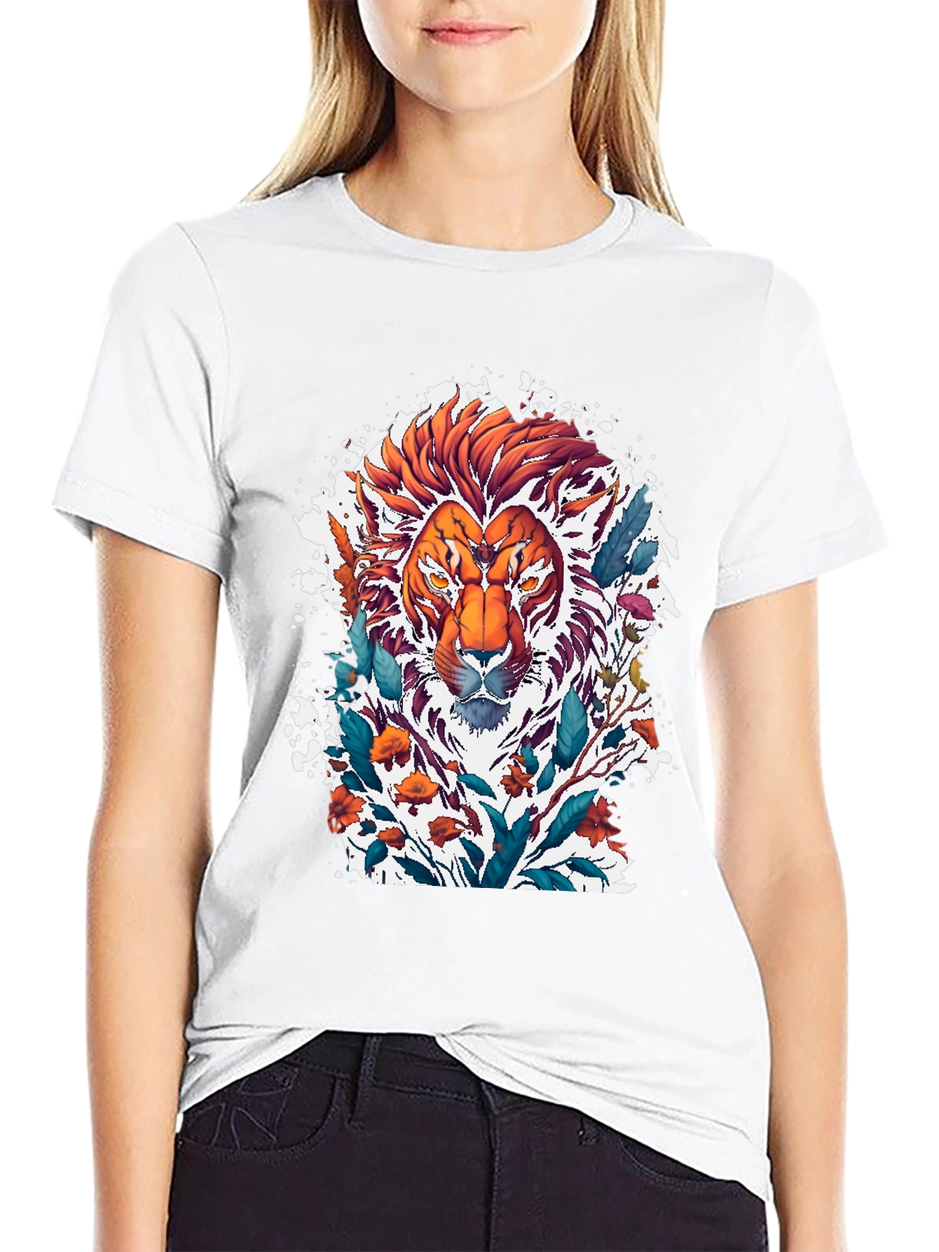 Lion Floral Graphic Tee - Artistic Mens T-Shirt