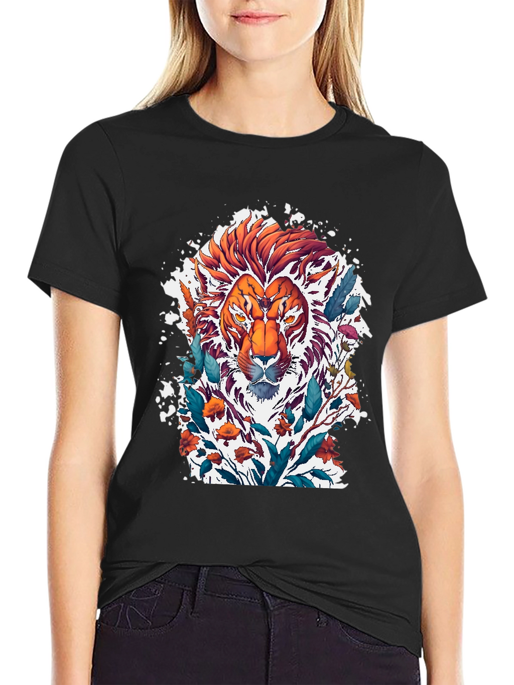 Lion Floral Graphic Tee - Artistic Mens T-Shirt
