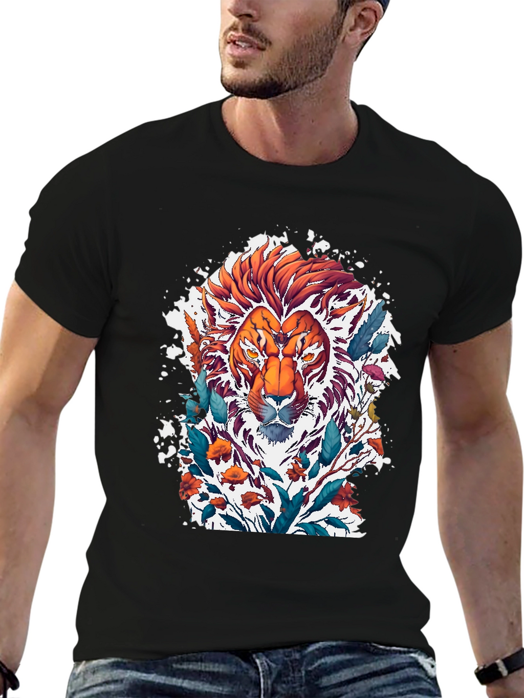 Lion Floral Graphic Tee - Artistic Mens T-Shirt