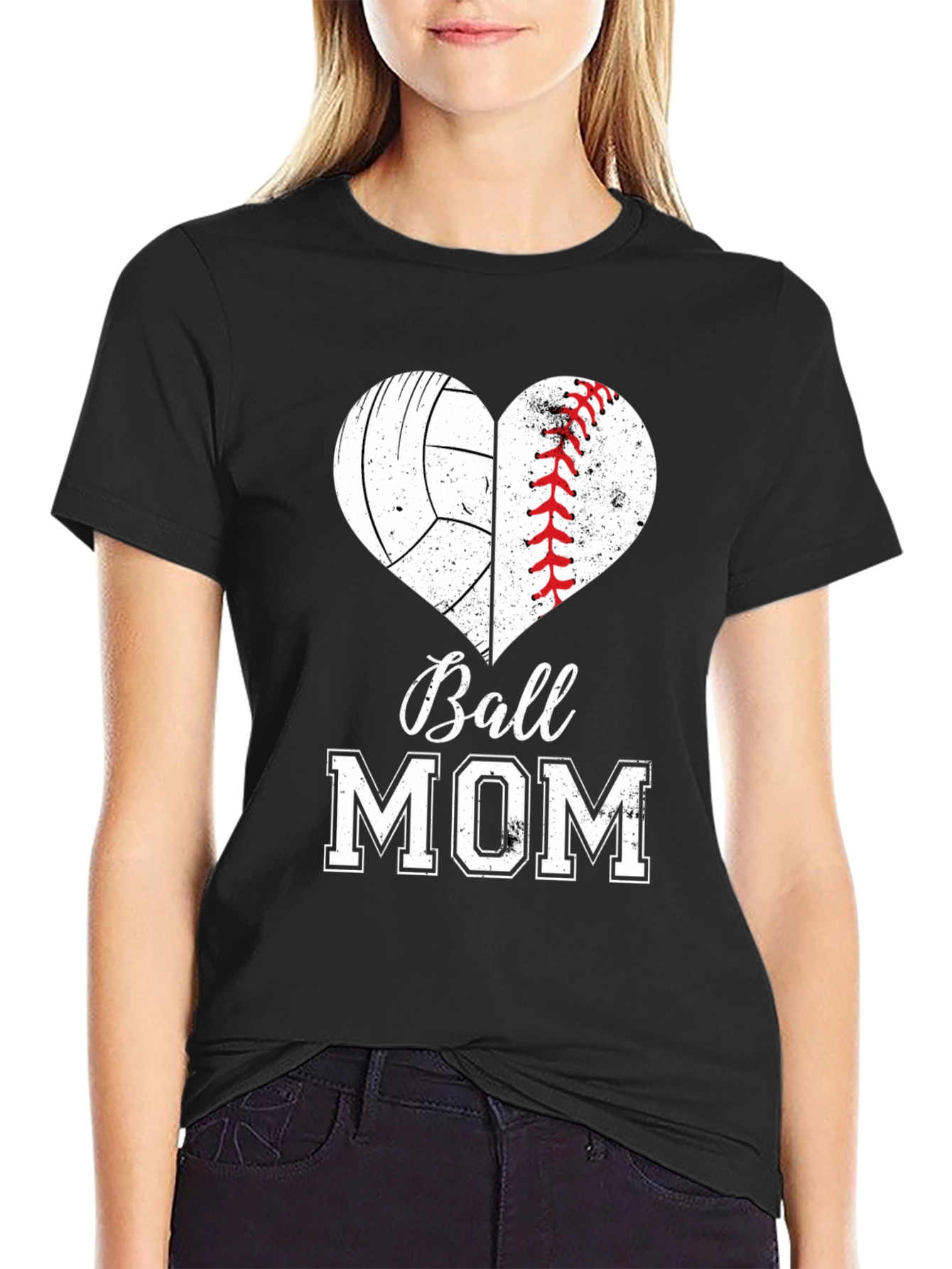 Ball Mom T-Shirt - Volleyball Baseball Heart Design
